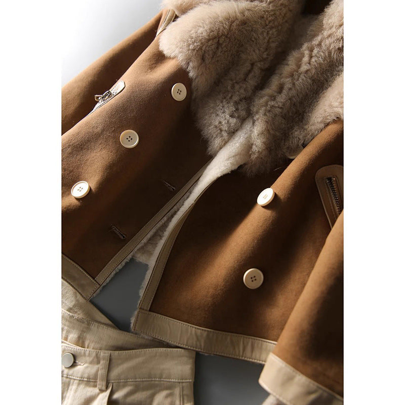 Linéa - Manteau en laine d'agneau suédé Camel