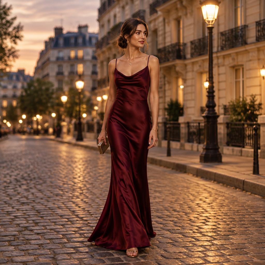 Femme en robe longue de soirée en satin bordeaux dans une rue parisienne au crépuscule