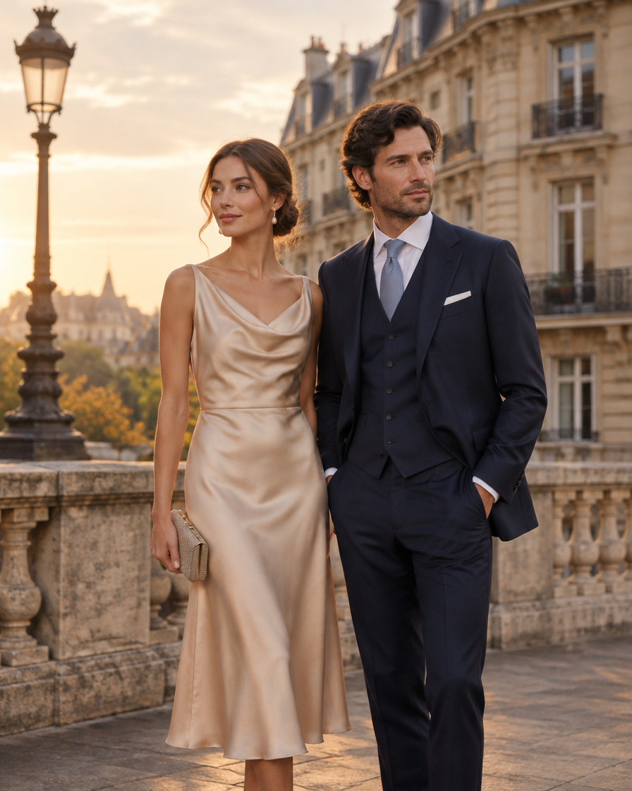 Collection Cérémonie Charme & Tendances : femme en robe champagne et homme en costume bleu marine