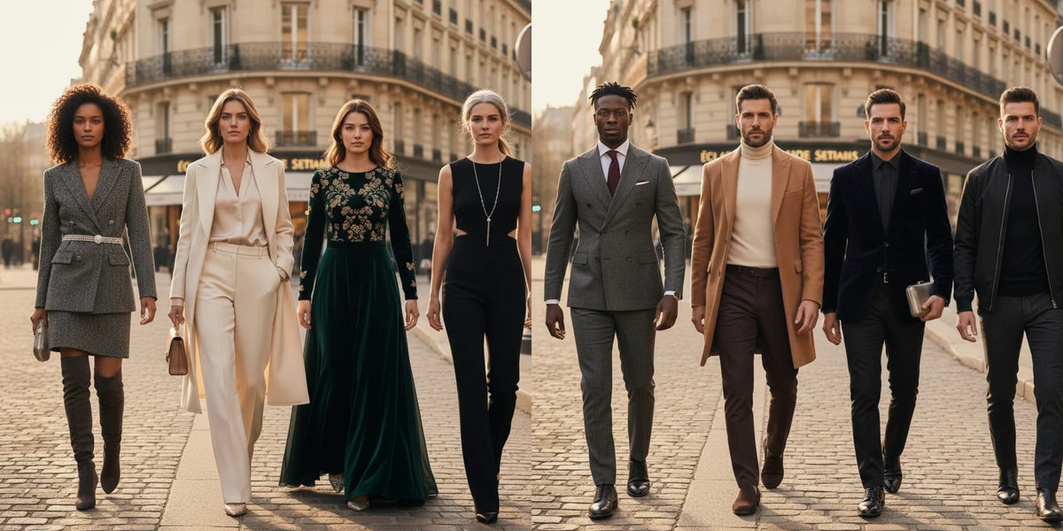 Femmes et hommes habillés Charme & Tendances dans une rue de Paris, du tailleur de bureau à la tenue de soirée